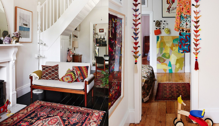 Kleurrijk huis met spierwitte muren en een zwarte vloer interior ... Interieur kleurrijk woonkamer